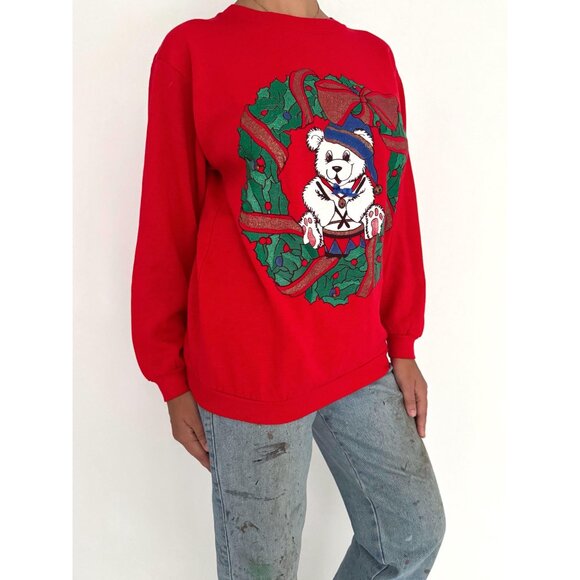 90s vintage red christmas wreath teddy bear graphic acrylic pullover sweater - Picture 6 of 8